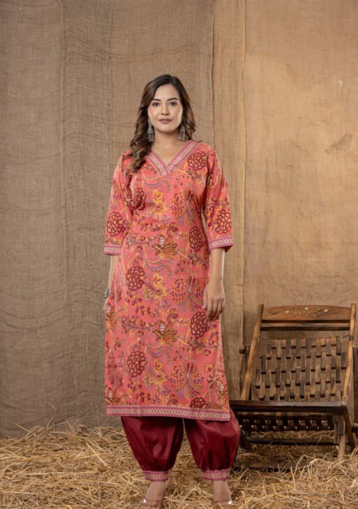 Women's Pink Multicolor Floral Printed Kurta Set with Maroon Salwar