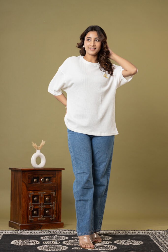 Teehance Women’s White Waffle Knit Oversized T-shirt