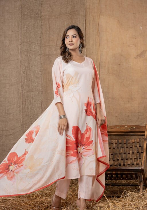 Women's Peach Floral Printed Kurta Set with Dupatta