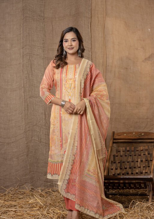 Women's Peach Jacquard Ethnic Suit Set with Digital Print Dupatta