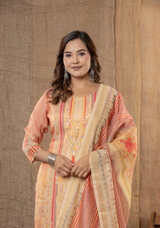 Women's Peach Jacquard Ethnic Suit Set with Digital Print Dupatta