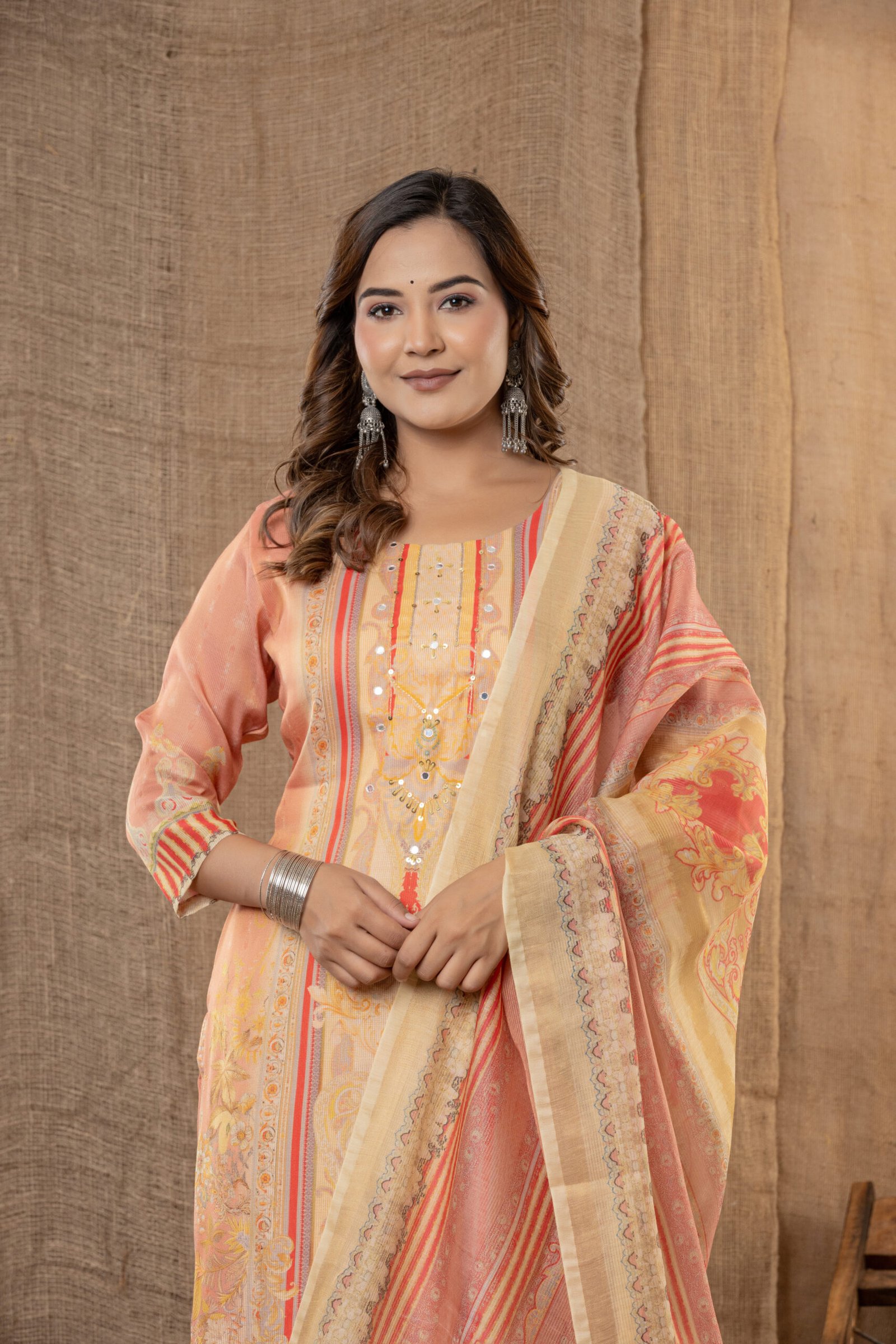 Women's Peach Jacquard Ethnic Suit Set with Digital Print Dupatta