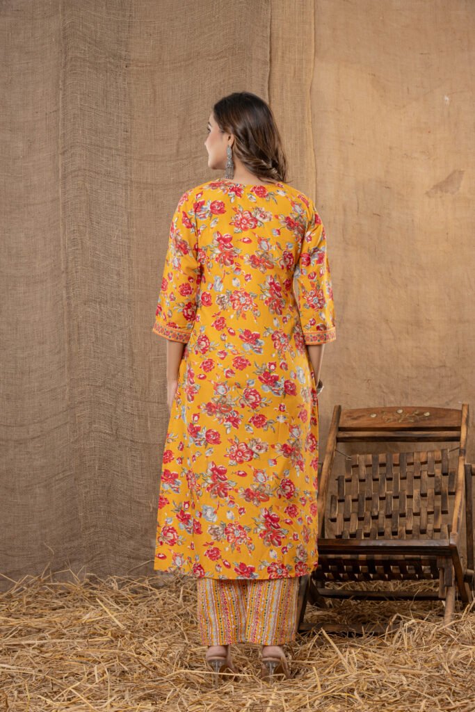 Women's Mustard Floral Printed Kurta Set with Striped Pant