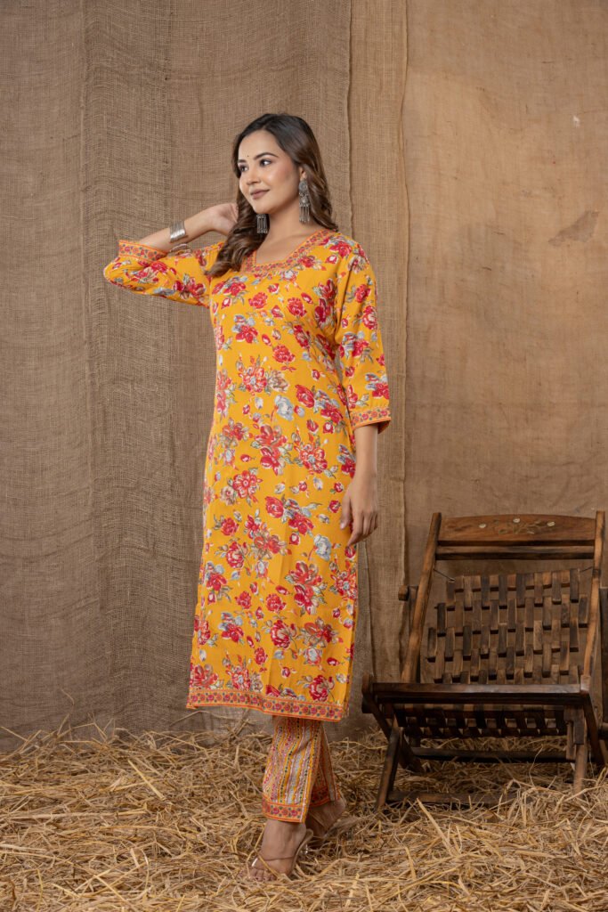 Women's Mustard Floral Printed Kurta Set with Striped Pant