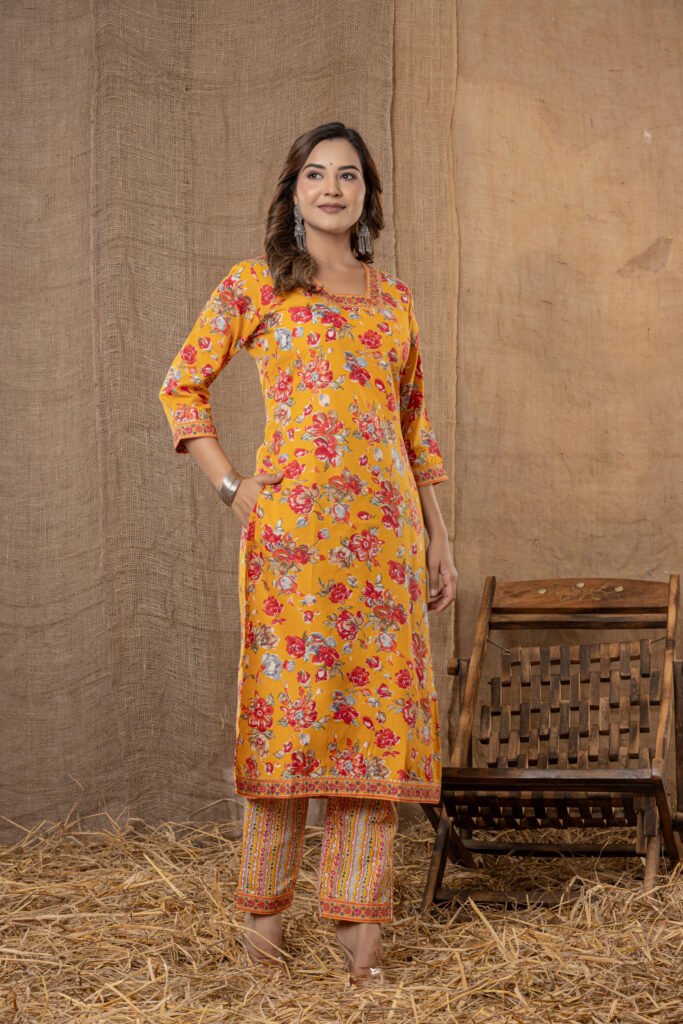 Women's Mustard Floral Printed Kurta Set with Striped Pant