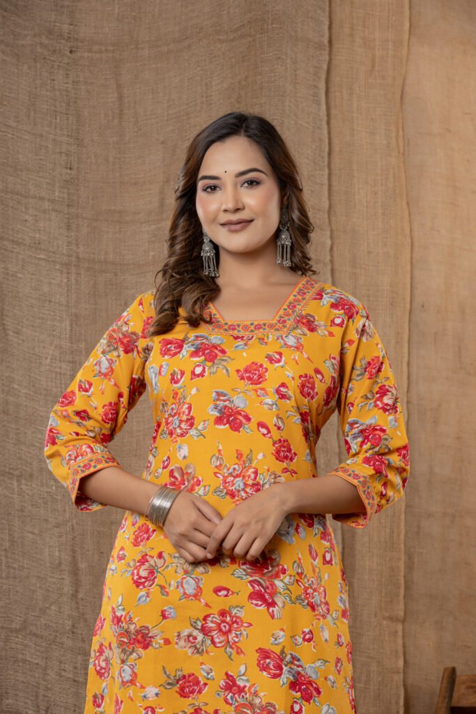 Women's Mustard Floral Printed Kurta Set with Striped Pant