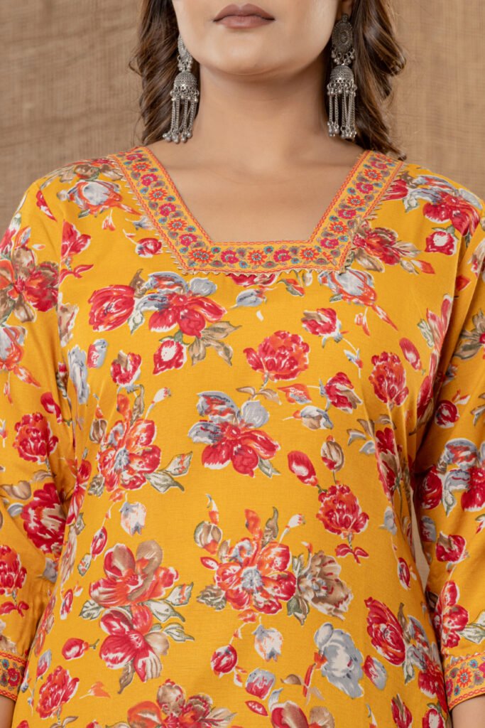 Women's Mustard Floral Printed Kurta Set with Striped Pant