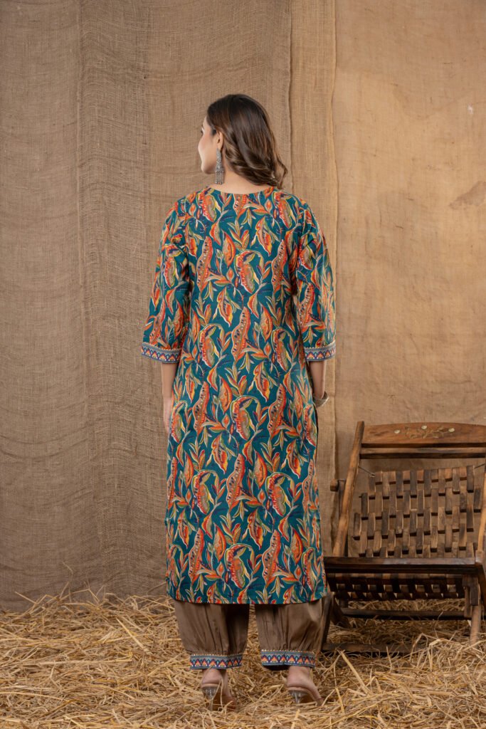 Women's Blue Multicolor Leaf Printed Kurta Set with Brown Salwar