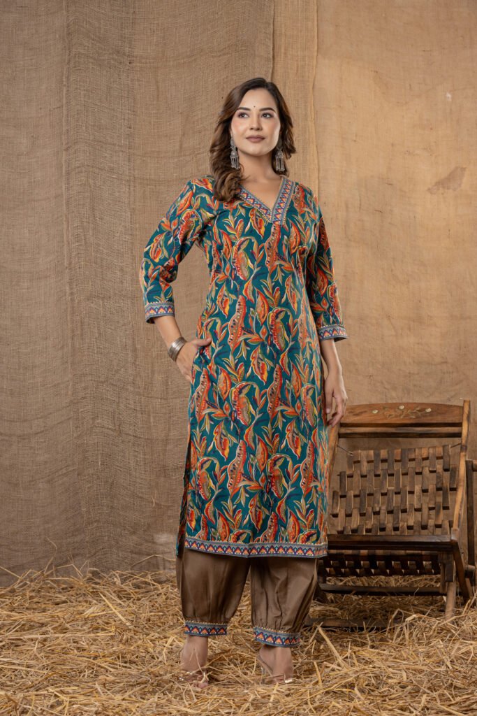 Women's Blue Multicolor Leaf Printed Kurta Set with Brown Salwar