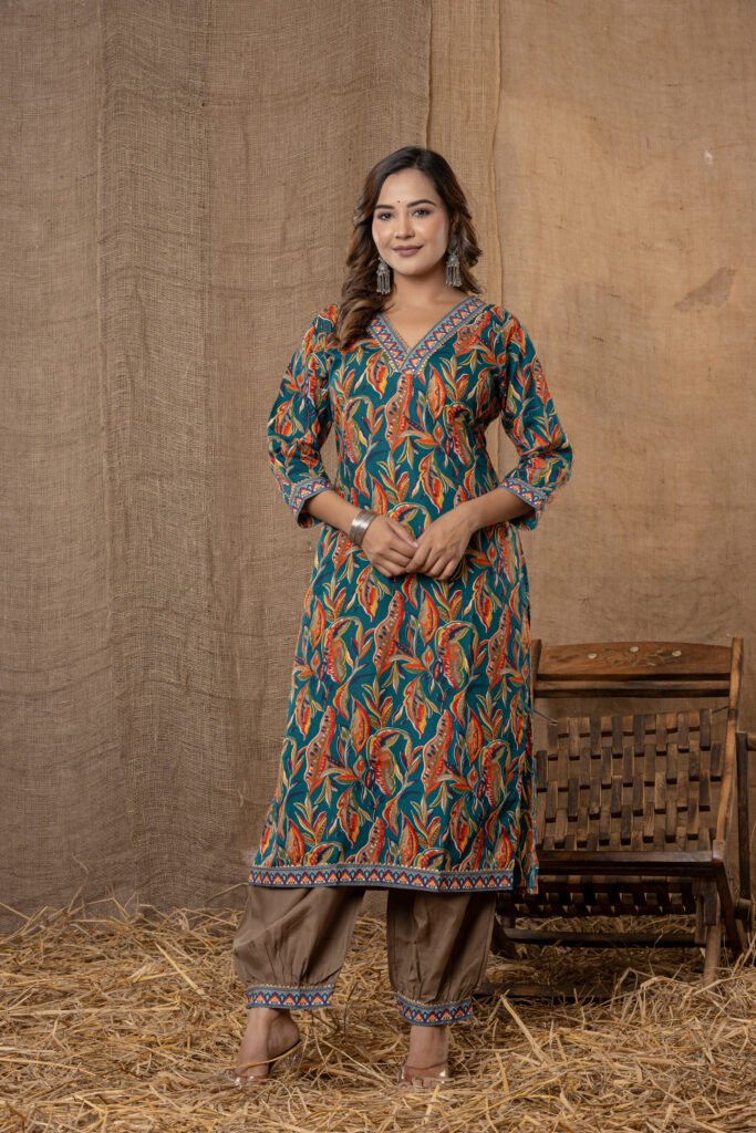 Women's Blue Multicolor Leaf Printed Kurta Set with Brown Salwar