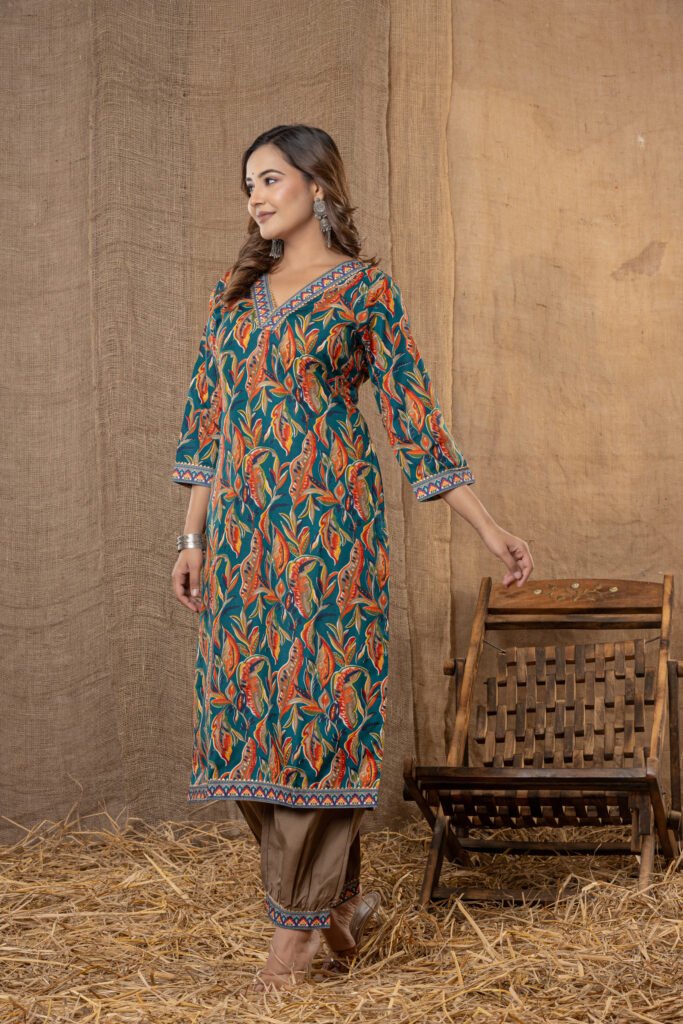 Women's Blue Multicolor Leaf Printed Kurta Set with Brown Salwar