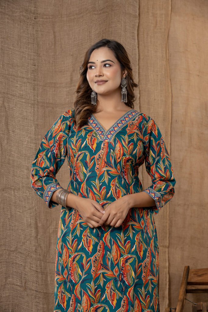 Women's Blue Multicolor Leaf Printed Kurta Set with Brown Salwar
