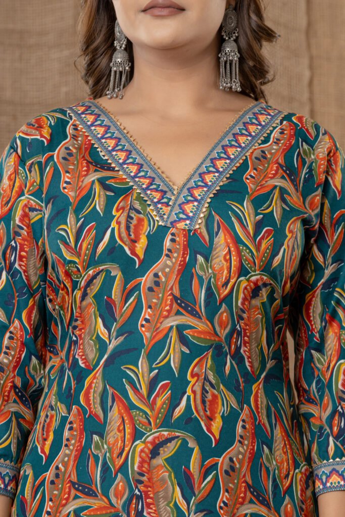 Women's Blue Multicolor Leaf Printed Kurta Set with Brown Salwar