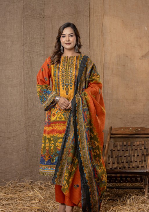 Women's Rust Orange & Olive Digital Printed Kurta Set with Dupatta