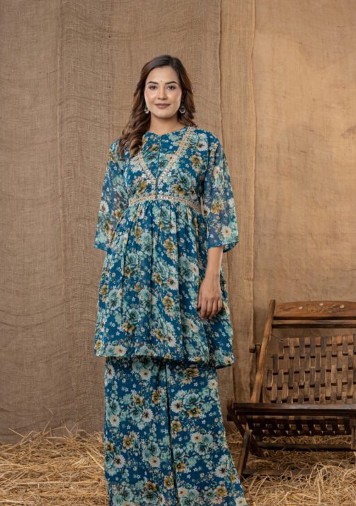 Women's Teal Blue Floral Printed Peplum Kurta with Palazzo Pant