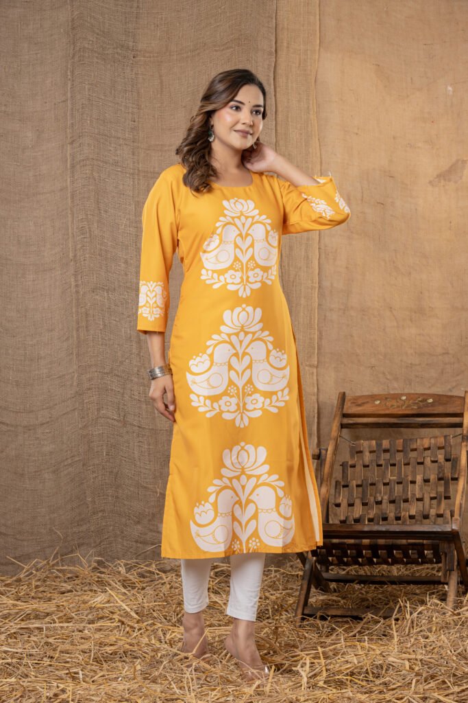 Women’s Peach Printed Cotton Kurta