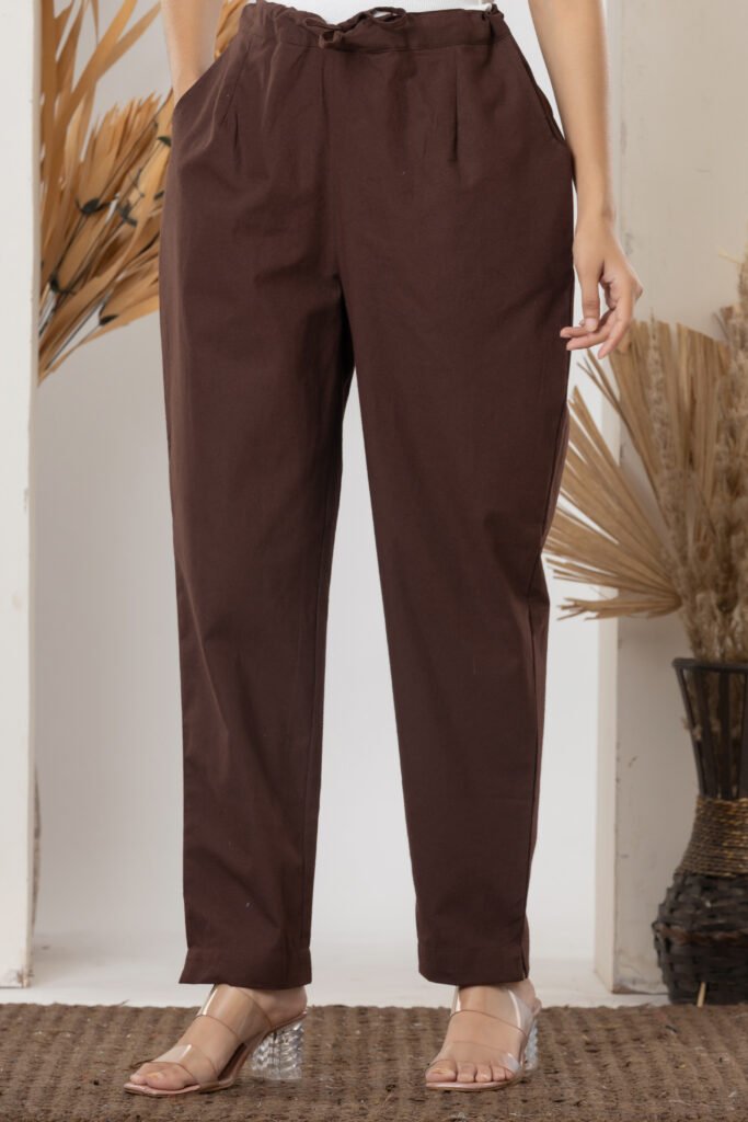 Women's Solid Brown Cotton Straight Trouser Pant