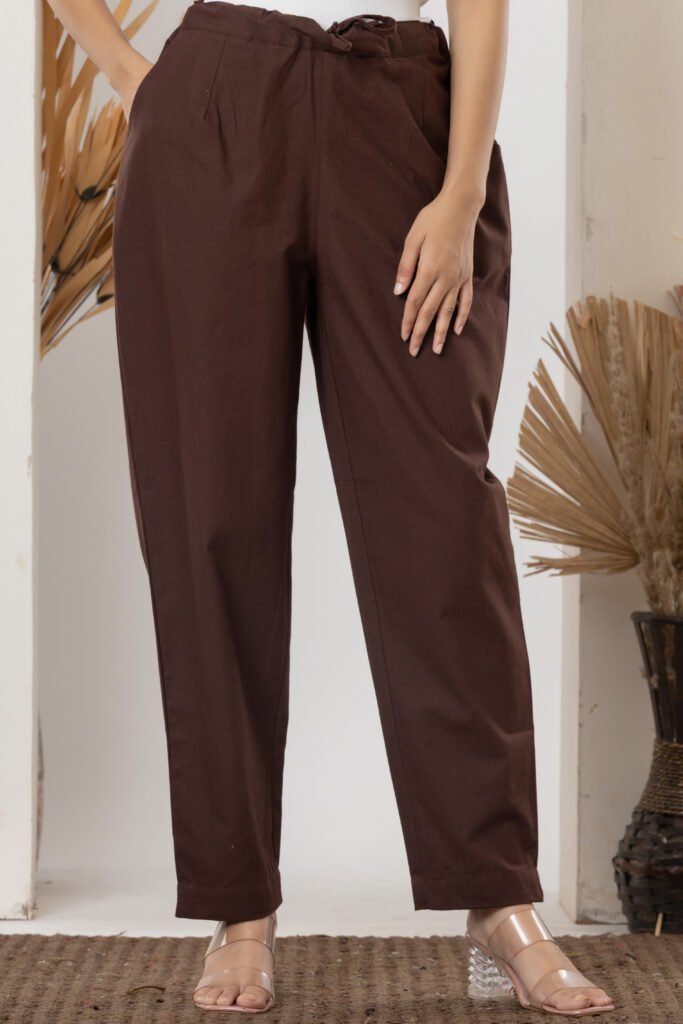 Women's Solid Brown Cotton Straight Trouser Pant