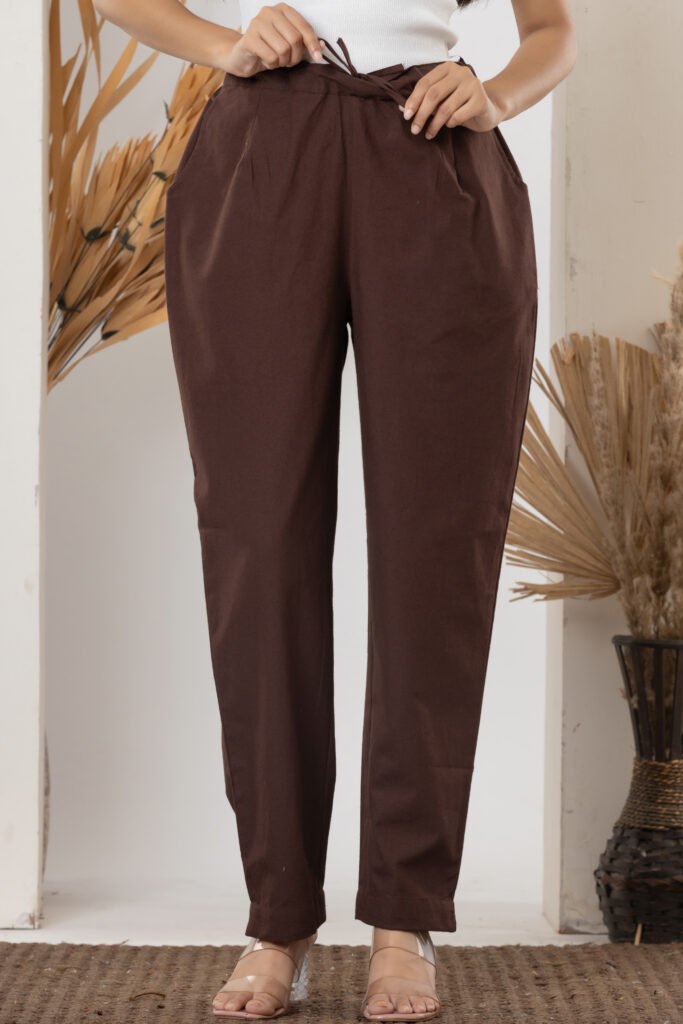 Women's Solid Brown Cotton Straight Trouser Pant
