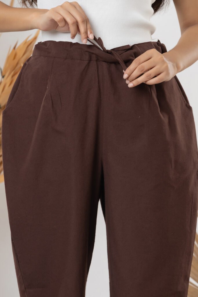 Women's Solid Brown Cotton Straight Trouser Pant