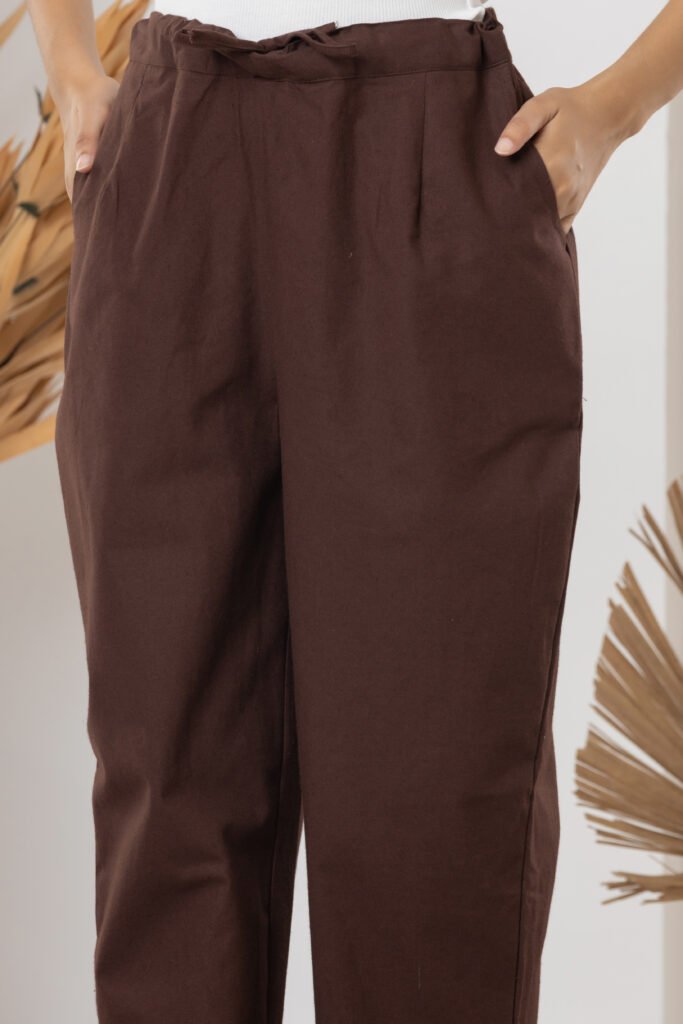 Women's Solid Brown Cotton Straight Trouser Pant