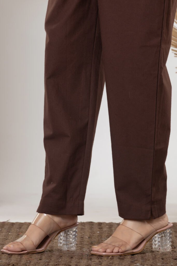 Women's Solid Brown Cotton Straight Trouser Pant