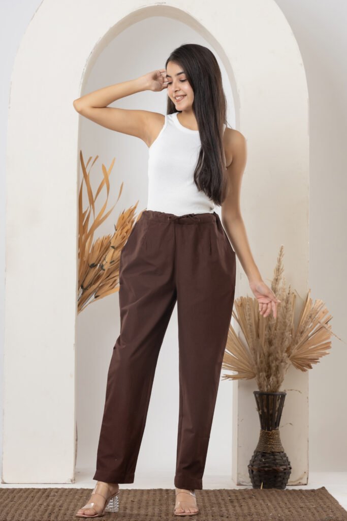 Women's Solid Brown Cotton Straight Trouser Pant