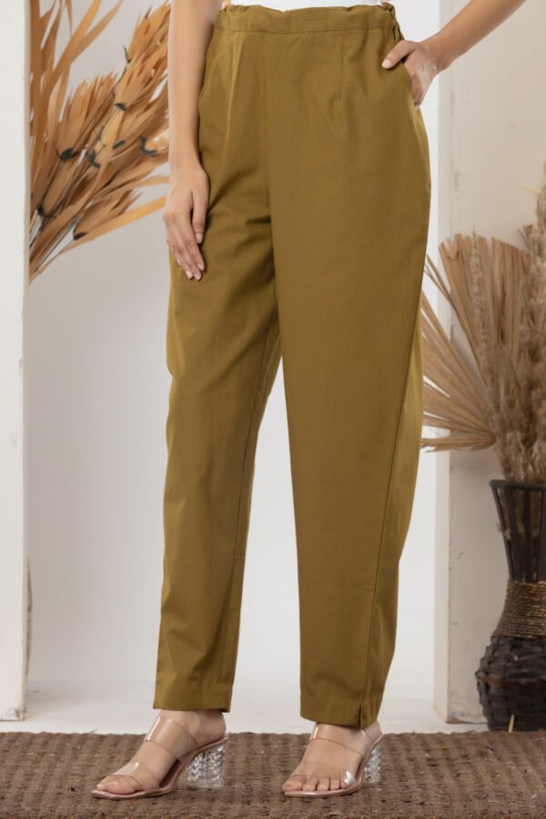 Women's Solid Olive Green Cotton Trouser Pant