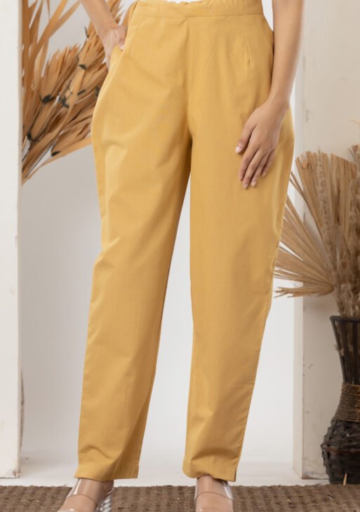 Women's Solid Mustard Yellow Cotton Trouser Pant
