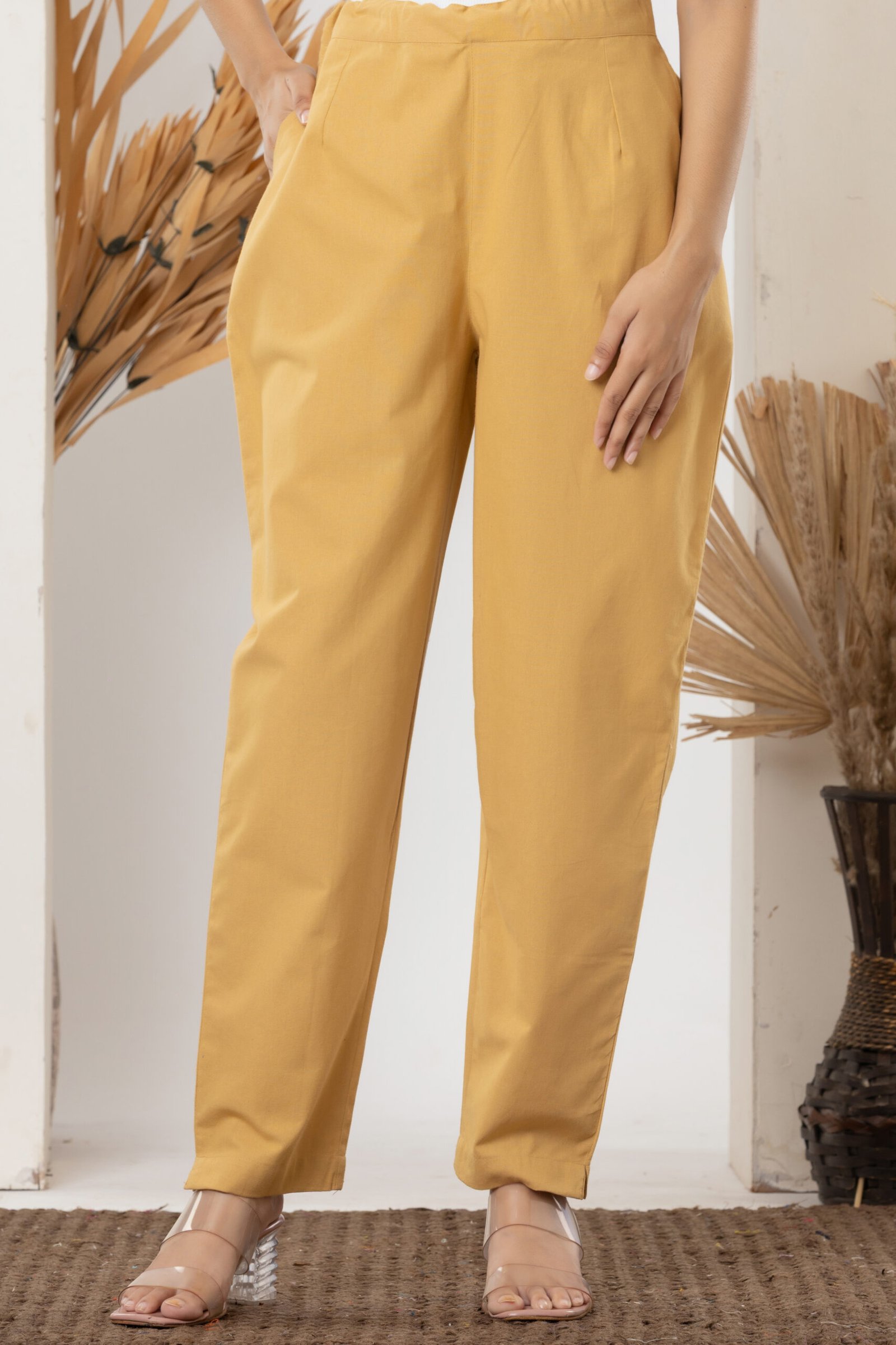 Women's Solid Mustard Yellow Cotton Trouser Pant