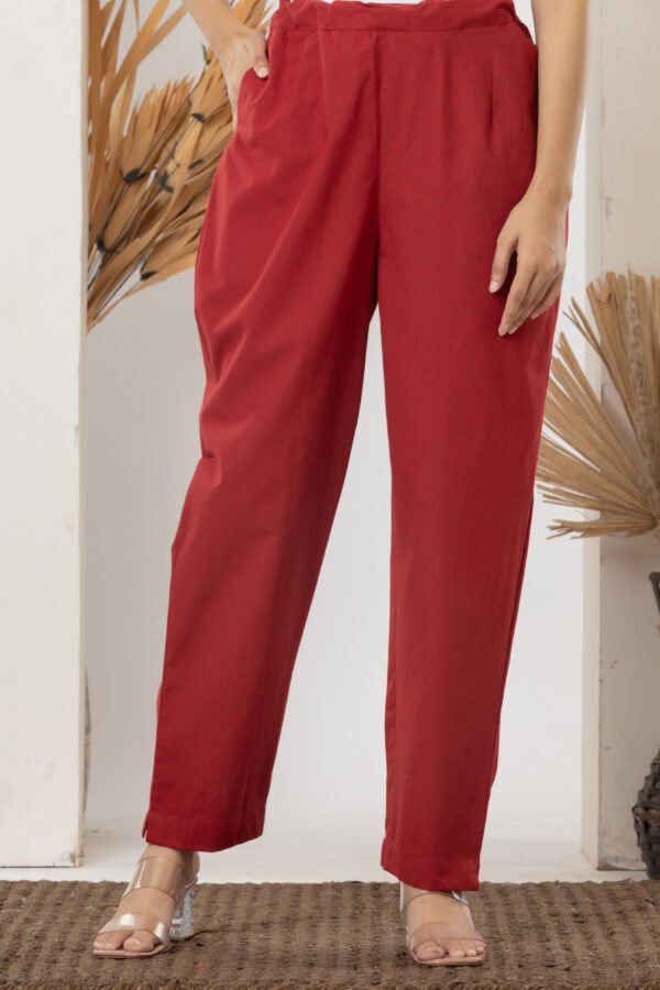 Women's Solid Maroon Cotton Trouser Pant