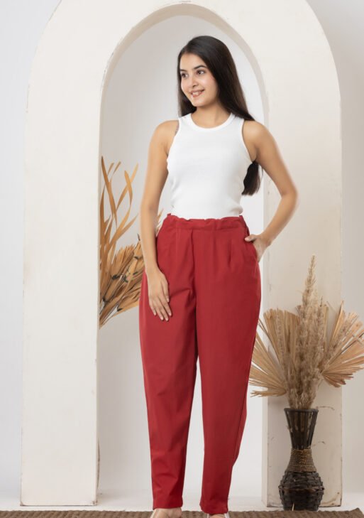 Women's Solid Maroon Cotton Trouser Pant