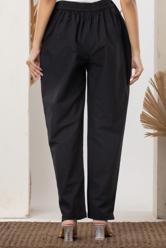 Women's Solid Black Cotton Trouser Pant