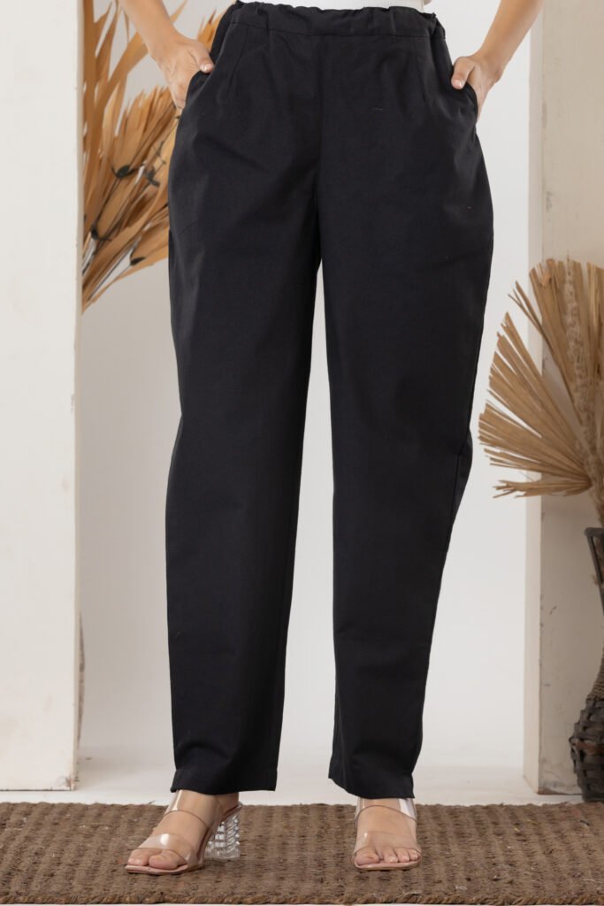 Women's Solid Black Cotton Trouser Pant