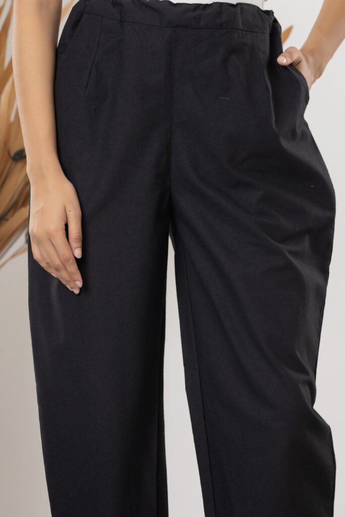 Women's Solid Black Cotton Trouser Pant