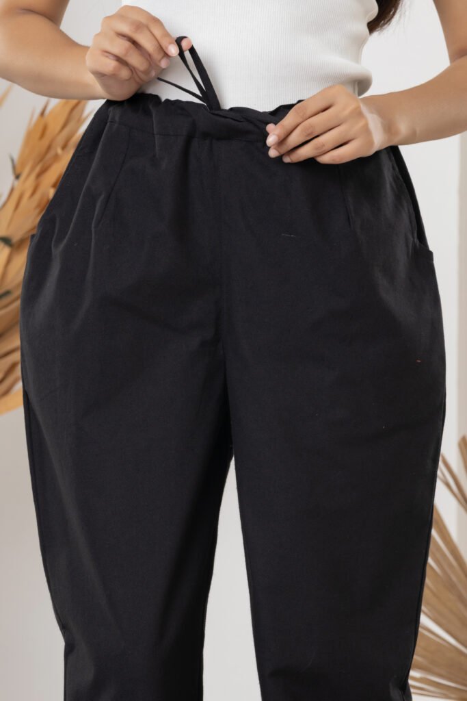 Women's Solid Black Cotton Trouser Pant
