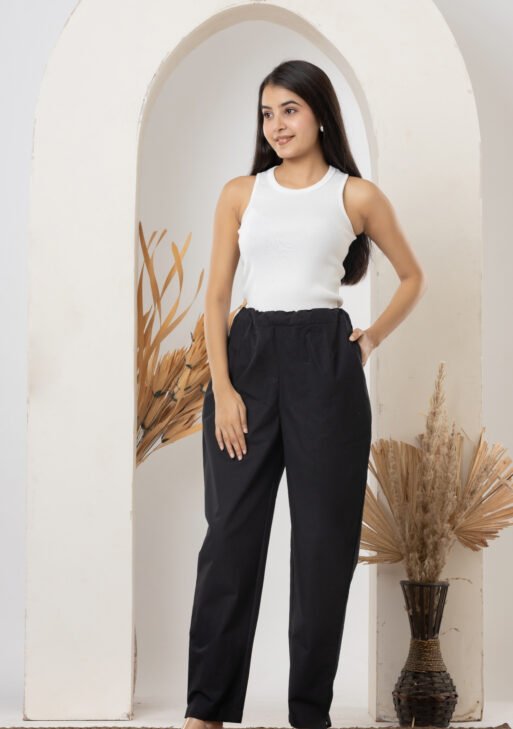 Women's Solid Black Cotton Trouser Pant