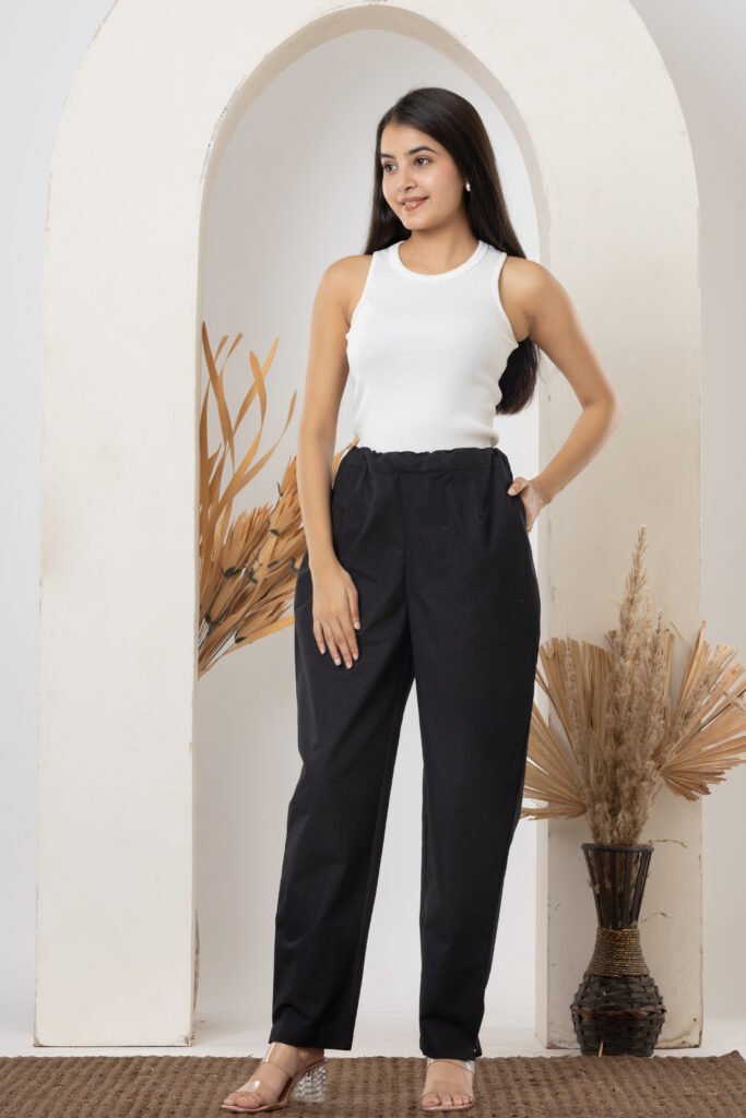 Women's Solid Black Cotton Trouser Pant
