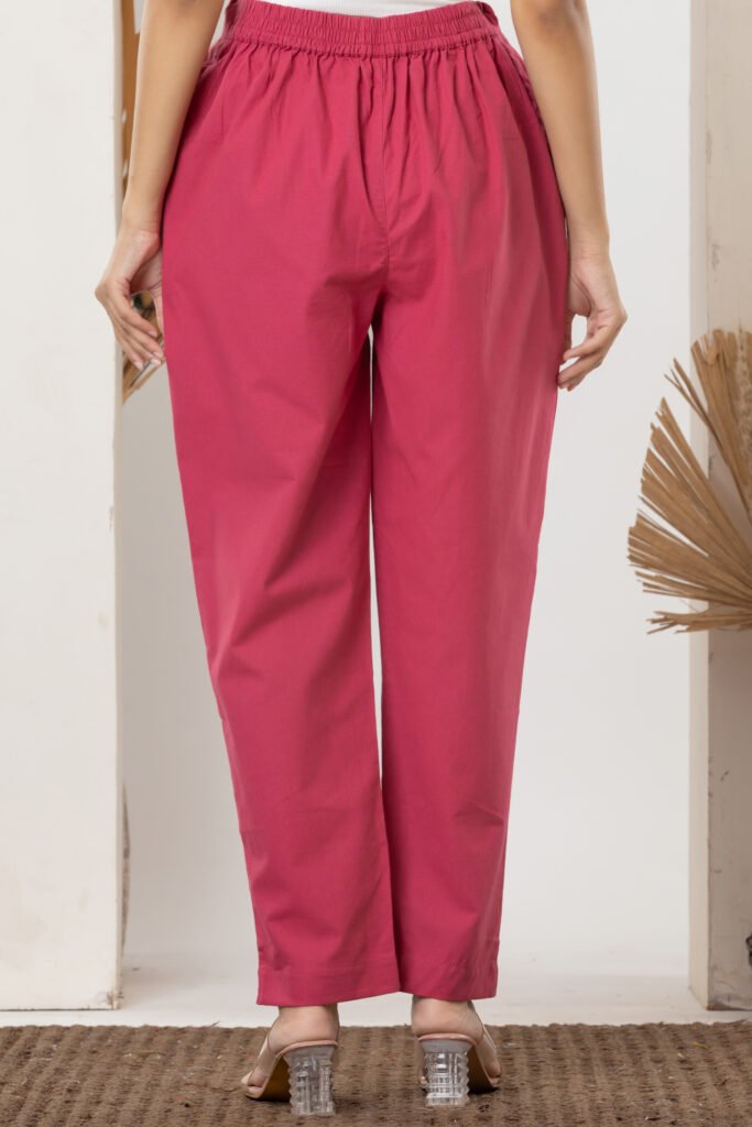 Women's Solid Rani Pink Cotton Trouser Pant