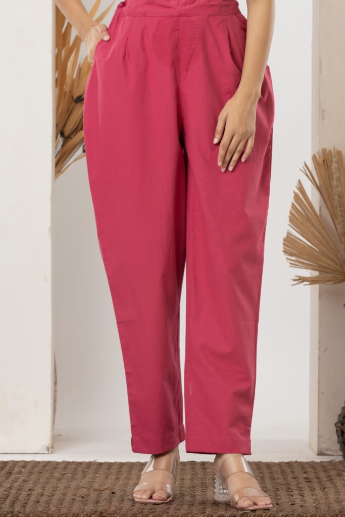 Women's Solid Rani Pink Cotton Trouser Pant
