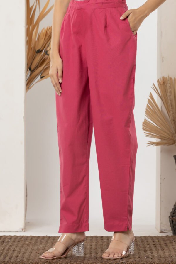Women's Solid Rani Pink Cotton Trouser Pant