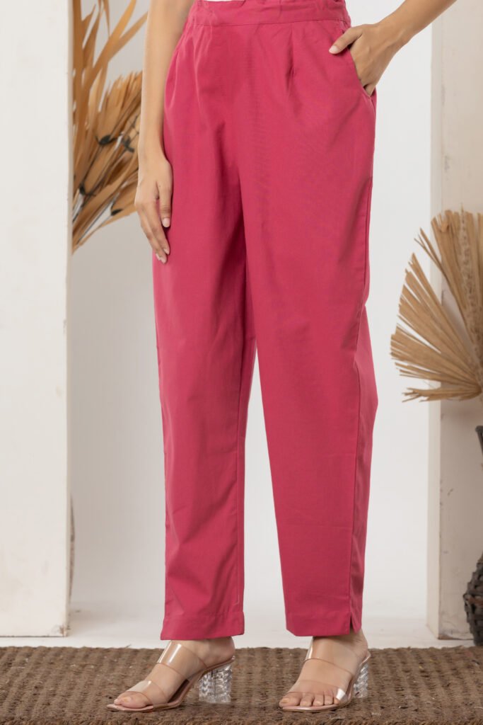 Women's Solid Rani Pink Cotton Trouser Pant