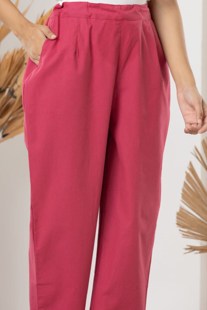 Women's Solid Rani Pink Cotton Trouser Pant