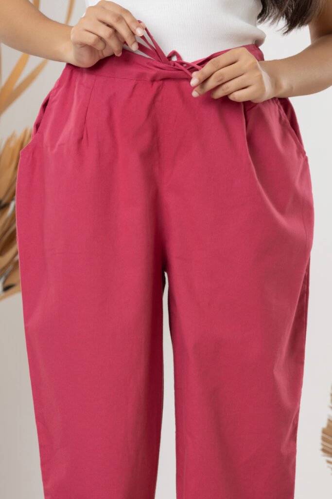 Women's Solid Rani Pink Cotton Trouser Pant