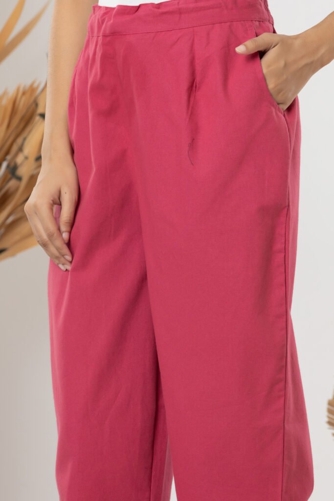 Women's Solid Rani Pink Cotton Trouser Pant