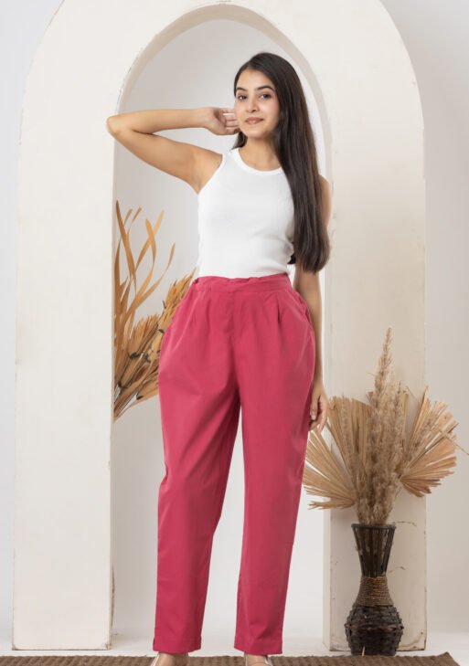 Women's Solid Rani Pink Cotton Trouser Pant