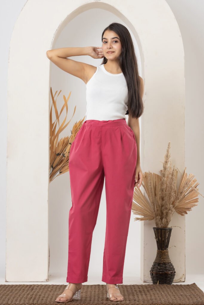 Women's Solid Rani Pink Cotton Trouser Pant