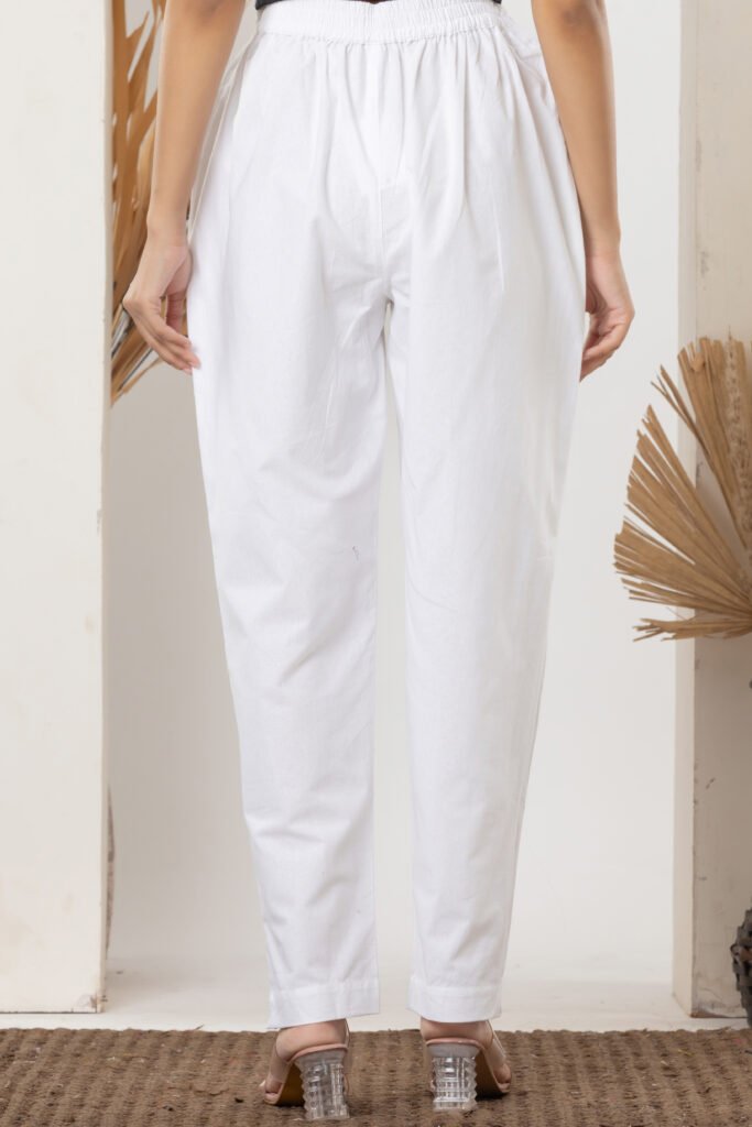 Women's Solid White Cotton Trouser Pant