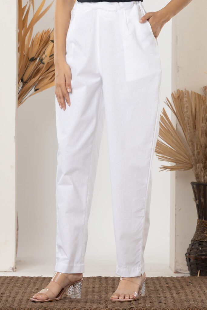 Women's Solid White Cotton Trouser Pant