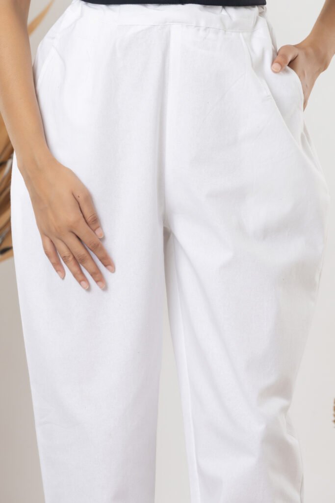 Women's Solid White Cotton Trouser Pant